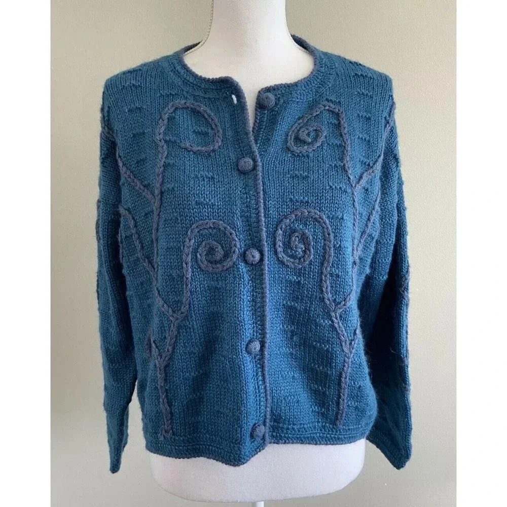 Amazonias Sweater Vintage Cardigan Alpaca Wool Teal Blue Small S
